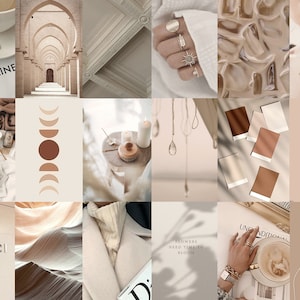 Op de afbeelding: Een collage van afbeeldingen in beige en bruine tinten met verschillende objecten, waaronder een kopje koffie, een kaars, een ketting, een ring en een boek met de tekst "Flowers need time to bloom".
