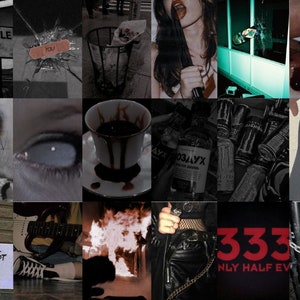 May include: A collage of images with a dark and edgy aesthetic. The images include a sign that says "Psychoville", a broken window, a cup of coffee with blood dripping from it, a bottle of alcohol, a skateboard, a person wearing a black leather jacket and fishnet stockings, and a sign that says "333 Only Half Evil".