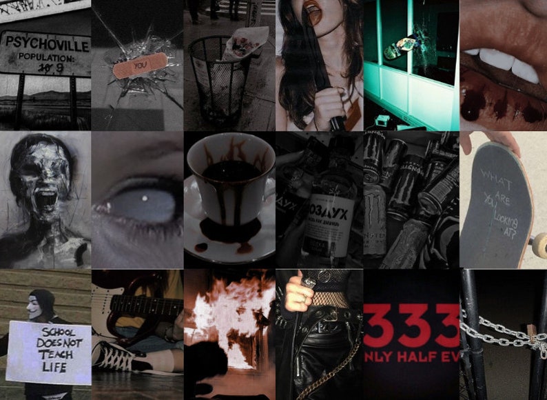 May include: A collage of images with a dark and edgy aesthetic. The images include a sign that says "Psychoville", a broken window, a cup of coffee with blood dripping from it, a bottle of alcohol, a skateboard, a person wearing a black leather jacket and fishnet stockings, and a sign that says "333 Only Half Evil".