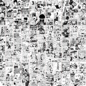 May include: A collage of black and white manga panels, featuring various characters and scenes. The panels are arranged in a grid-like pattern, showcasing dynamic action and expressive character designs. The overall theme is a collection of manga illustrations.