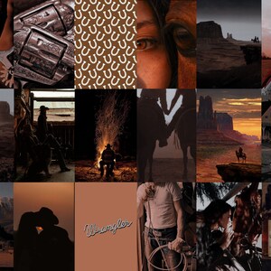 May include: A collage of images depicting a Western theme. The images include a cowboy boot with a spur, a pair of revolvers, a close-up of an eye, a desert landscape with rock formations, a saddle, a cowboy sitting by a campfire, a silhouette of a cowboy riding a horse, a sunset over a desert landscape, a wooden house with a porch, a mountain range, a silhouette of two people, a brown background with the word "Wrangler" in white script, a man holding a lasso, a couple kissing, and a collection of bottles of bourbon whiskey.