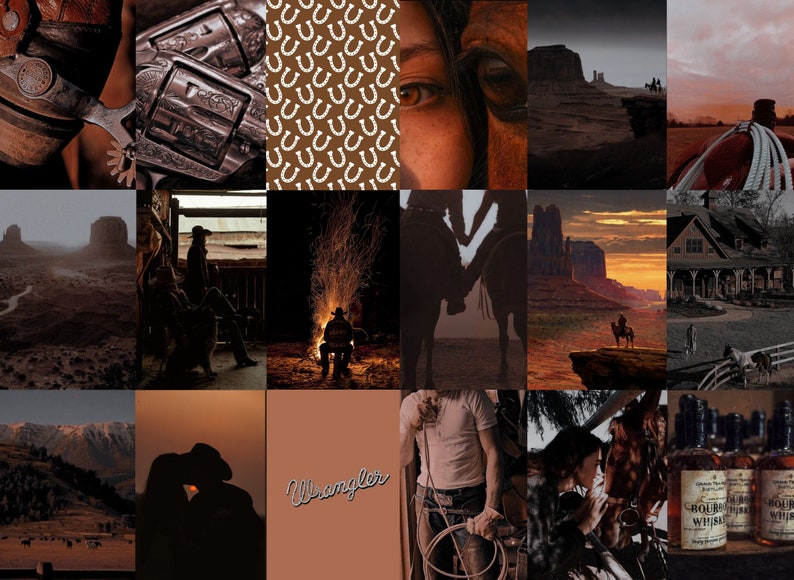 May include: A collage of images depicting a Western theme. The images include a cowboy boot with a spur, a pair of revolvers, a close-up of an eye, a desert landscape with rock formations, a saddle, a cowboy sitting by a campfire, a silhouette of a cowboy riding a horse, a sunset over a desert landscape, a wooden house with a porch, a mountain range, a silhouette of two people, a brown background with the word "Wrangler" in white script, a man holding a lasso, a couple kissing, and a collection of bottles of bourbon whiskey.
