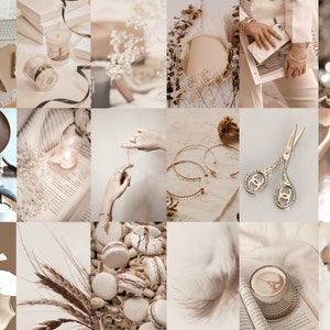 Op de afbeelding: Een collage van afbeeldingen in een neutrale kleurenpalet met verschillende objecten, waaronder bloemen, kaarsen, boeken, sieraden en een kopje koffie. De afbeeldingen zijn in een rasterpatroon gerangschikt en hebben een minimalistische esthetiek.