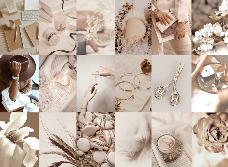 Op de afbeelding: Een collage van afbeeldingen in een neutrale kleurenpalet met verschillende objecten, waaronder bloemen, kaarsen, boeken, sieraden en een kopje koffie. De afbeeldingen zijn in een rasterpatroon gerangschikt en hebben een minimalistische esthetiek.
