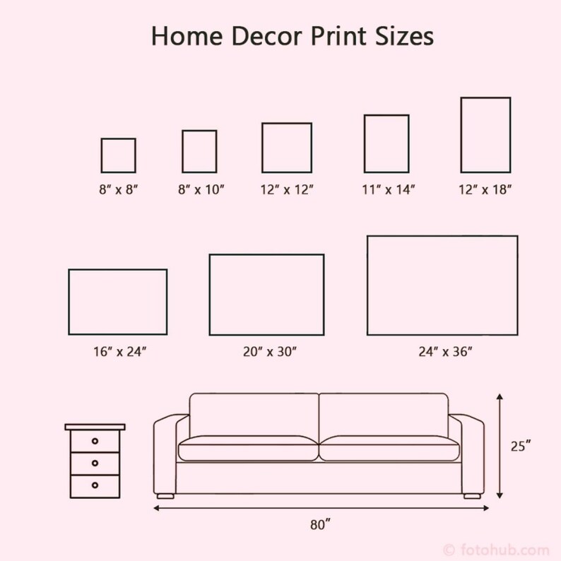 May include: A guide to home decor print sizes with a diagram showing different print sizes and a sofa with a side table. The print sizes are shown in inches, ranging from 8x8 inches to 24x36 inches. The sofa is 80 inches wide and 25 inches tall.