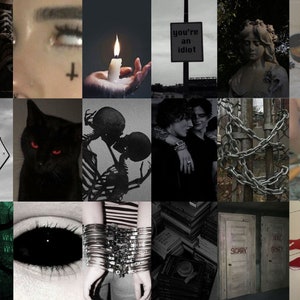 May include: A collage of images with a dark and edgy aesthetic. The images include a black cat with red eyes, a sign that says "Dead End", a couple kissing, a chain link fence, a lit cigarette, a pair of doors with the word "Scary" written on them, a black and white image of a skull, a hand holding a lit candle, a person with a cross tattooed on their face, a sign that says "You're an idiot", a statue of a woman, and a person playing a guitar.