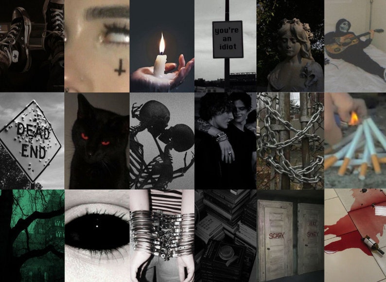 May include: A collage of images with a dark and edgy aesthetic. The images include a black cat with red eyes, a sign that says "Dead End", a couple kissing, a chain link fence, a lit cigarette, a pair of doors with the word "Scary" written on them, a black and white image of a skull, a hand holding a lit candle, a person with a cross tattooed on their face, a sign that says "You're an idiot", a statue of a woman, and a person playing a guitar.