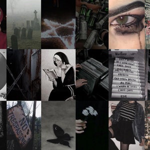 May include: A collage of nine images with a dark and moody aesthetic. The images include a couple kissing, a graveyard, a pentagram, a nun giving the middle finger, a record player, a sign that says "No Trespassing", a butterfly, a hand holding flowers, and a person wearing a striped shirt and a black skirt.