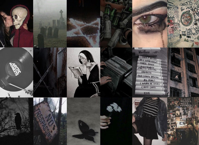 May include: A collage of nine images with a dark and moody aesthetic. The images include a couple kissing, a graveyard, a pentagram, a nun giving the middle finger, a record player, a sign that says "No Trespassing", a butterfly, a hand holding flowers, and a person wearing a striped shirt and a black skirt.