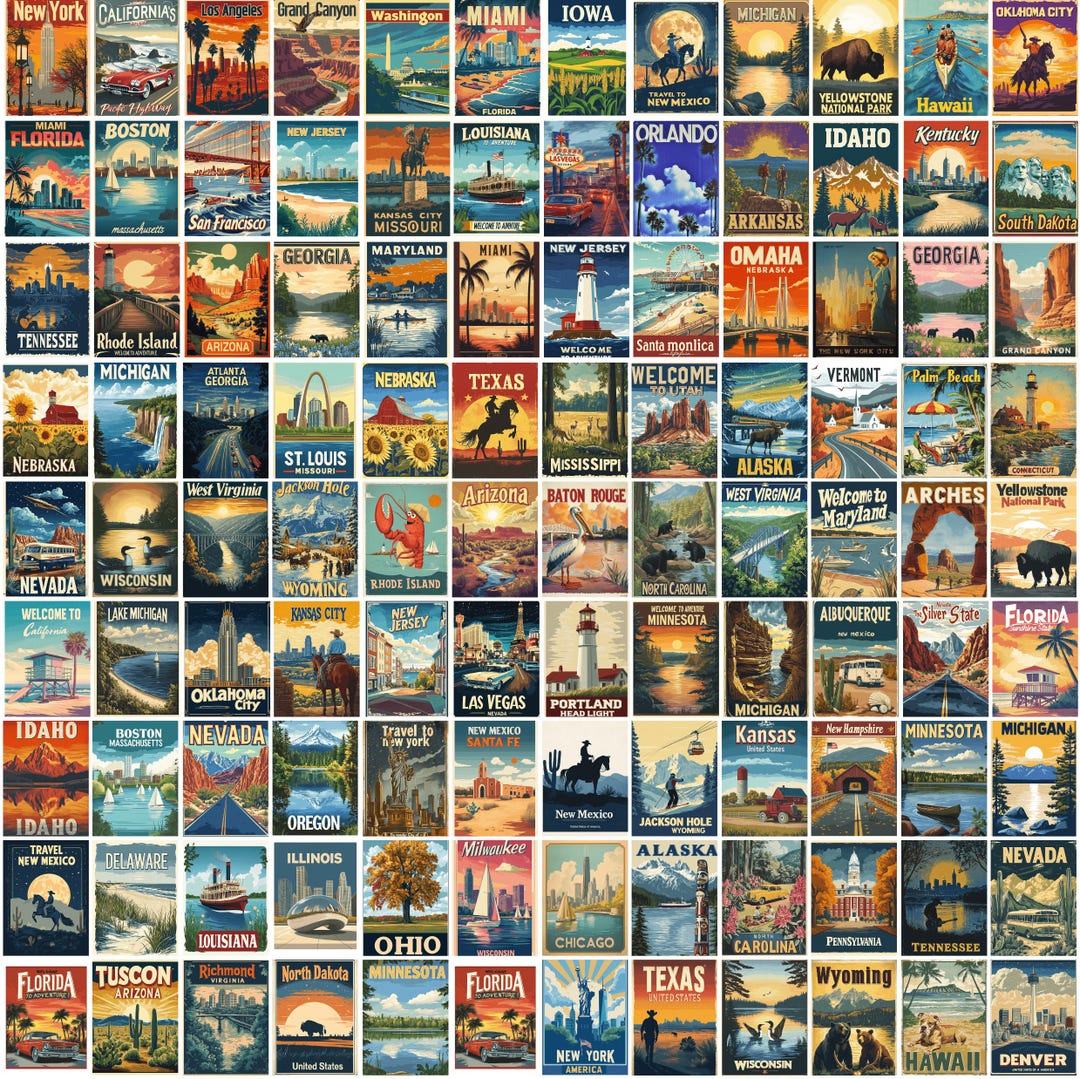 370pcs USA All States Travel Poster, Vintage Travel Wall Art, Retro