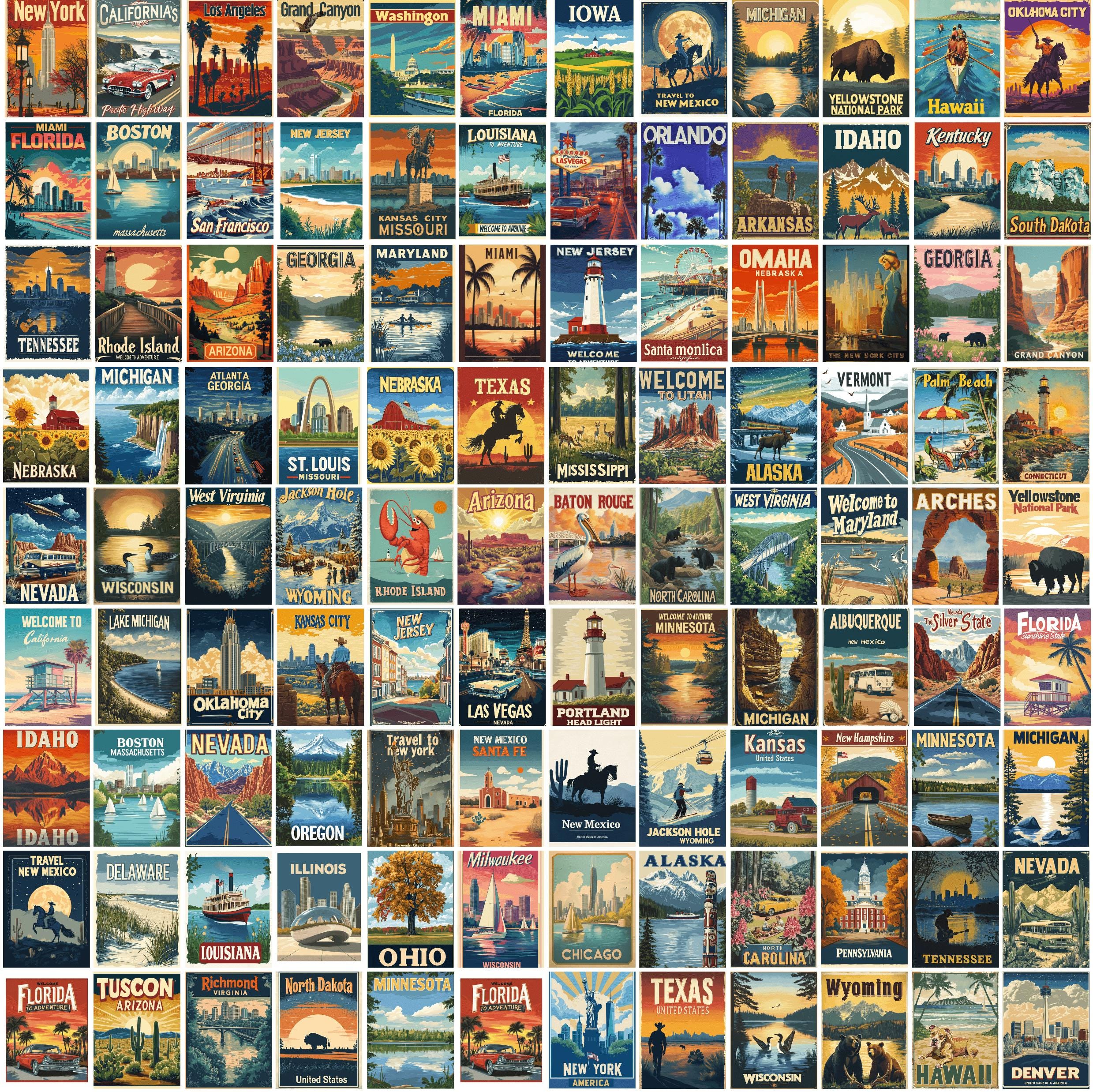 370Pcs USA All States Travel Poster, Vintage Travel Wall Art, Retro Aesthetic, Travel Wall Prints, Travel Home Decor, Aesthetic Collage Gift