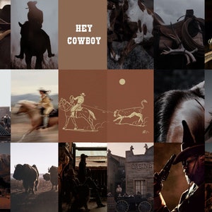 May include: A collage of images with a Western theme. The images include cowboys on horseback, a train, a saloon, and a sunset. The text "HEY COWBOY" is featured in the collage.