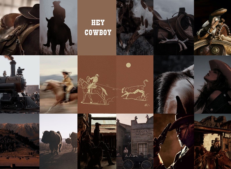 May include: A collage of images with a Western theme. The images include cowboys on horseback, a train, a saloon, and a sunset. The text "HEY COWBOY" is featured in the collage.