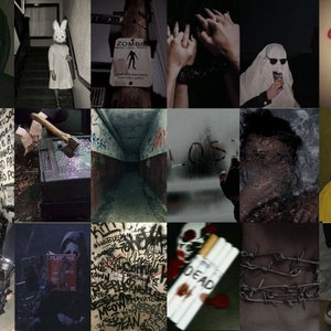May include: A collage of 12 images with a dark and edgy aesthetic. The images include a person wearing a black balaclava, a person holding an axe, a person wearing a ghost costume, a person holding a cigarette, a person holding a phone with the number 666, and a person holding a kitten.