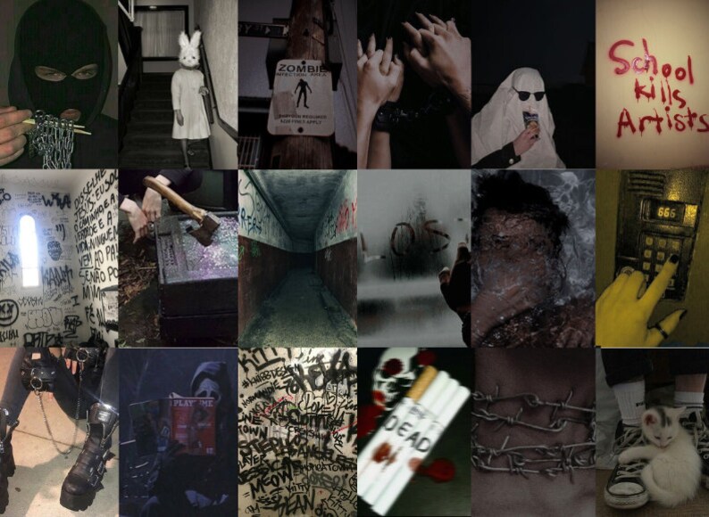 May include: A collage of 12 images with a dark and edgy aesthetic. The images include a person wearing a black balaclava, a person holding an axe, a person wearing a ghost costume, a person holding a cigarette, a person holding a phone with the number 666, and a person holding a kitten.