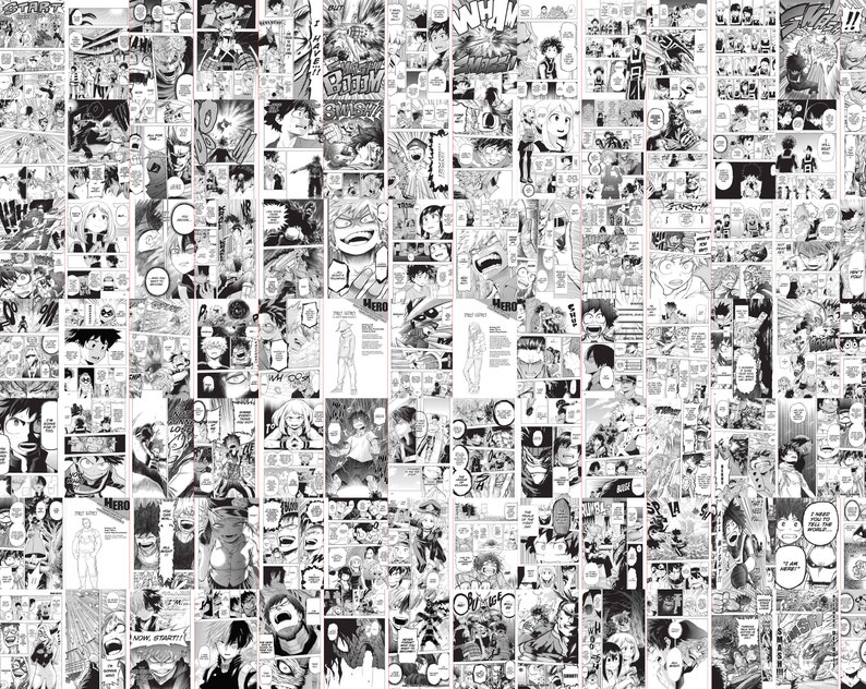 May include: A collage of black and white manga panels, featuring various characters in action poses and speech bubbles. The panels are arranged closely together, creating a dense, visually engaging pattern. The artwork style is typical of Japanese manga.