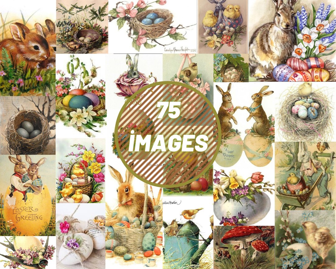 75pcs Vintage Easter Wall Collage Kit Digital Easter Postcards, Junk