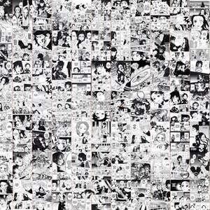 May include: A collage of black and white manga panels, featuring various characters and scenes. The panels are arranged closely together, creating a dense, detailed composition. The artwork showcases dynamic action and expressive character designs.