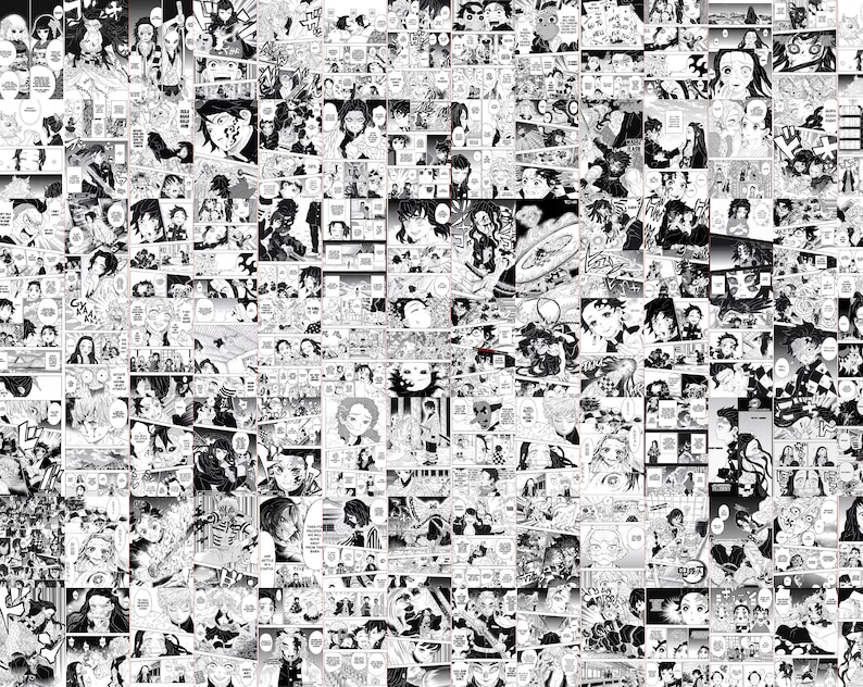 May include: A collage of black and white manga panels, featuring various characters and scenes. The panels are arranged closely together, creating a dense, detailed composition. The artwork showcases dynamic action and expressive character designs.