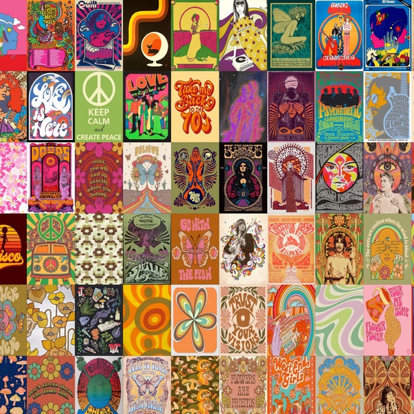 730 Hippie Wall Collage - Hippie Wall Art - Indie Room Decor - Indie afdrukbare kunst - Hippie Decor - Hippie Prints - Esthetische kunstprint