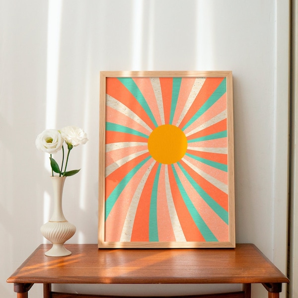 Sun Retro Wall Print, Sunburst Print, Indie room Decor, Digital Download Print, Retro Wall Art, Large Printable Art, Retro Poster, Hippie