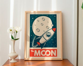 Retro Moon Print, Outer Space Poster, Galaxy Wall Art, Vintage Kids Room Decor, Large Printable Art, Downloadable Prints