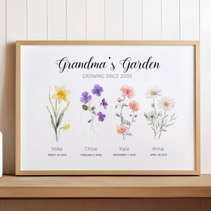 Custom Wall Art Gift, Personalised Watercolour Birth Month Flower, Printable Wall Art, Grandma&#39;s Garden, Family Garden, Digital Download