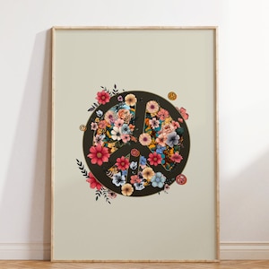 Floral Peace Wall Print, Hippie print, Digital Download Print, Retro Wall Art, Printable Art, Hippie Wall Decor, Retro Poster, Peace Sign