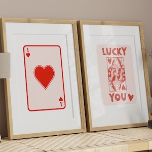 Trendy Retro Wall Art Set Of 2, Retro Trendy Aesthetic Print, Red Ace Card Poster, Lucky You Poster, Trendy Wall Art, Funny Art, Digital