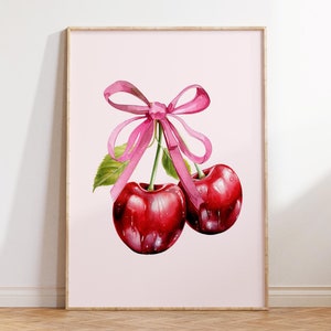 Impresión de arte de pared de cerezas, impresión de pared de moda, arte de pared con lazo rosa, decoración de pared femenina rosa, póster preppy, póster rosa, impresión digital, arte imprimible