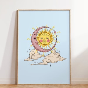 Celestial Sun Moon Wall Print, Hippie Wall Decor, Digital Download Print, Retro Wall Art, Large Printable Art, Witch Decor, Hippie Poster