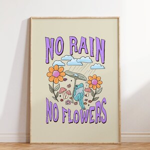 No Rain No Flowers Wall Print, Retro Quote Wall Art, Frog Groovy Print, Retro Wall Art, Digital Download,  Wall Decor, Retro Poster