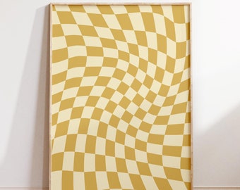 Retro Schachbrett Schachbrett Poster, Groovy Gelbe Wand Kunst, Skurriles Poster, Digital Download