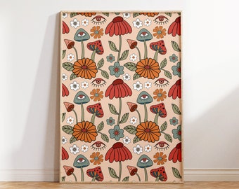 Retro Groovy Floral Print, 70s Psychedelic Wall Art, Hippie Poster, Boho Decor, Digital Download