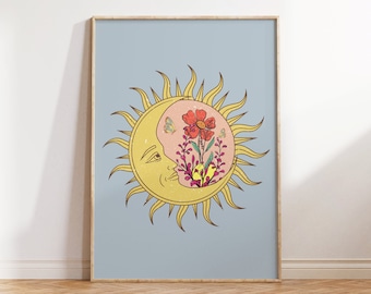 Retro Sun Moon Celestial Print | 90s Groovy Wall Art (Digital Download) | Retro Poster | Trendy Print