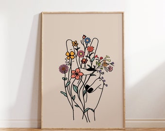 Hippie Wall Print, Peace Hand Print, Retro Digital Print, Retro Wall Art, Large Printable Art, Hippie Decor, Hippie Decor, Retro Poster