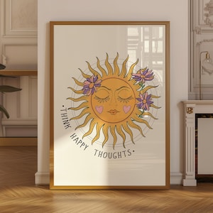 Impresión "Pensamientos felices", arte de pared retro con sol, impresión celestial de los años 70 (descarga digital), póster inspirador para decoración de pared, arte imprimible imagen 1
