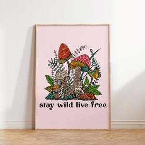 Retro Wall Print, Stay Wild Live Free poster, Retro Groovy Print, Hippie Decor, Large Printable Art, Downloadable Prints, 90s Print, Vintage