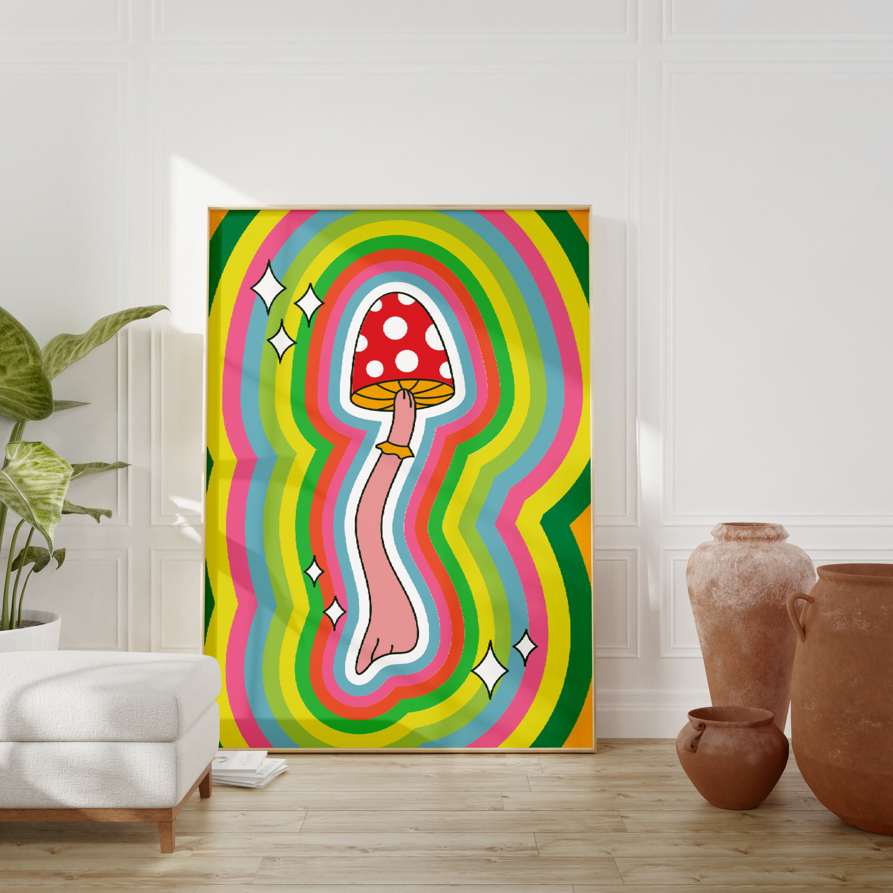 Retro Mushroom Art Print, Dopamine Wall Decor, Colorful Psychedelic ...