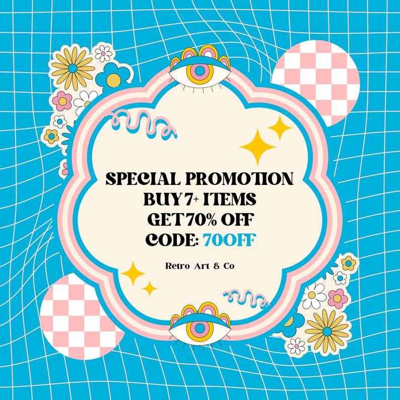May include: A retro-style promotional graphic with a cloud-shaped speech bubble on a blue grid background. The speech bubble contains the text "SPECIAL PROMOTION BUY 7+ ITEMS GET70% OFF CODE: 70OFF Retro Art & Co". The graphic also features a pair of eyes with a yellow iris and a pink checkerboard pattern.