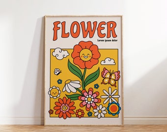 Retro Flower Art Print, Floral Wall Art, Colorful Poster, Apartment Decor, Digital Download, Large Printable Art
