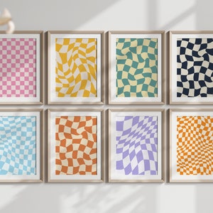 May include: Eight framed prints with a checkered pattern in various colors, including pink, yellow, blue, green, orange, and purple. The checkered pattern is distorted to create a wavy effect.