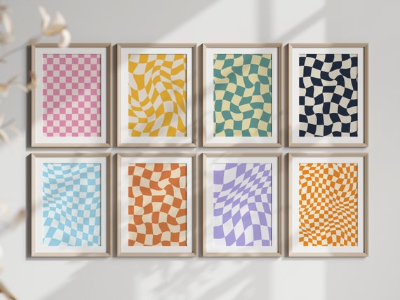 Retro Checkered Wall Art Set, Set of 8, Gallery Art Bundle, Digital download, Living room decor, Trendy Print, Wall Art Printable