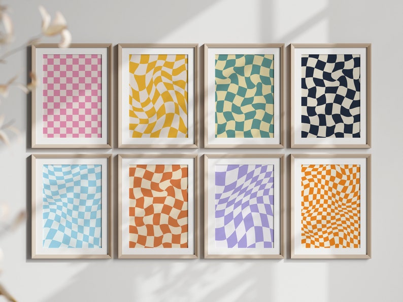 May include: Eight framed prints with a checkered pattern in various colors, including pink, yellow, blue, green, orange, and purple. The checkered pattern is distorted to create a wavy effect.