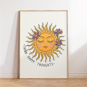 Impresión "Pensamientos felices", arte de pared retro con sol, impresión celestial de los años 70 (descarga digital), póster inspirador para decoración de pared, arte imprimible imagen 2