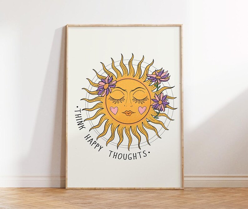 Impresión "Pensamientos felices", arte de pared retro con sol, impresión celestial de los años 70 (descarga digital), póster inspirador para decoración de pared, arte imprimible imagen 2