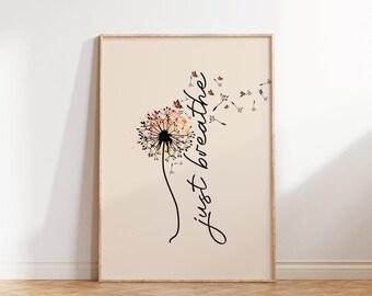 Lámina artística "Just Breathe", lámina decorativa retro con diseño de diente de león, póster floral, descarga digital.