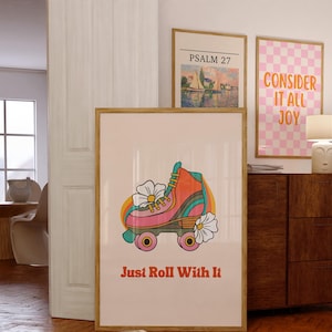 Impresión Just Roll With It, arte de pared retro, póster retro de los años 70, descarga digital, decoración de dormitorio, decoración de pared, arte imprimible, impresión inspiradora