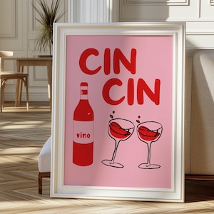 Cin Cin ワインプリント アルコールプリント、レトロワインポスター、バーカートウォールアート、バー印刷可能アート、ワイン装飾、ワインピンクレッド、デジタルダウンロード