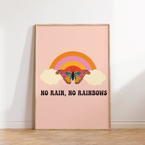 No Rain No Rainbow Print, Cute Wall Print, Retro 70s Print, Digital Download Print, Retro Wall Art, Hippie Wall poster, Retro quote print